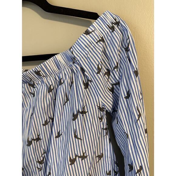 Express Blue Striped Bird Off Shoulder Shirt Blouse Top Size Small Peasant Crop - Picture 9 of 13